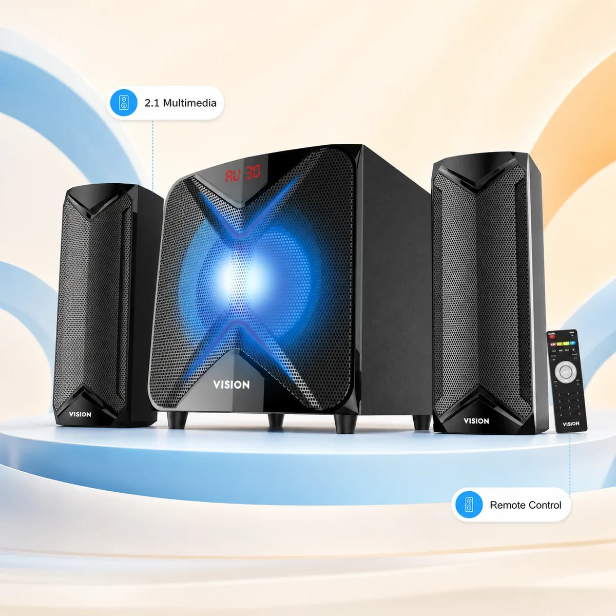 Vision 2:1 Multimedia Speaker LOUD-203 Pro with 6.5-inch subwoofer and two satellite speakers